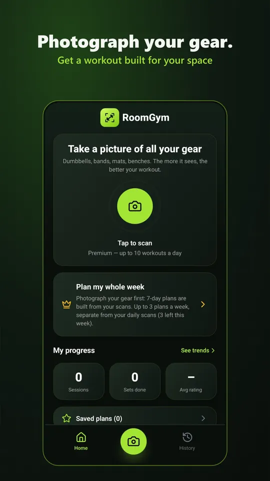 The RoomGym home screen with a big camera button and the words Take a picture of all your gear