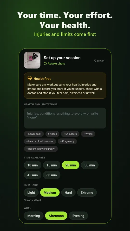 Setup screen with time, effort and health limits