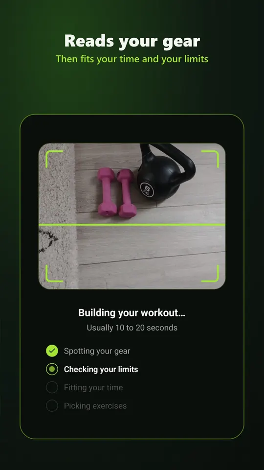 The scan screen reading a photo of dumbbells and a kettlebell