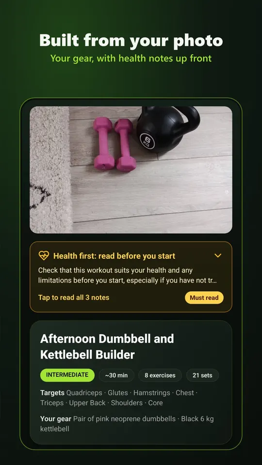 A generated workout with health notes up front