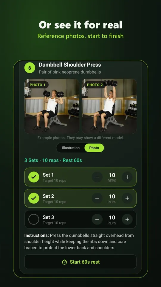 Dumbbell shoulder press shown with reference photos